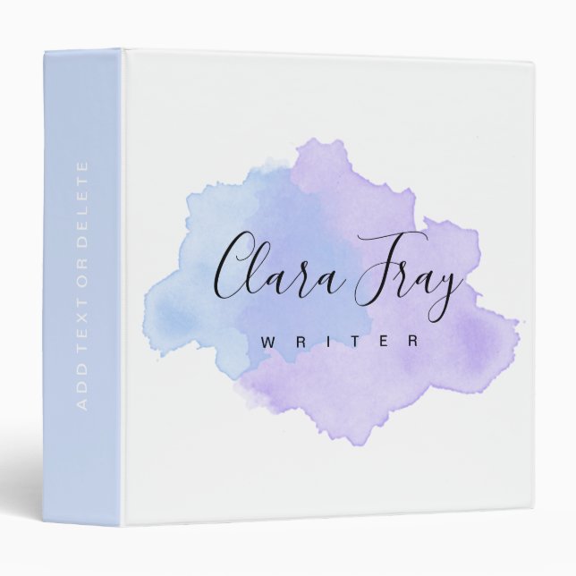 Elegant modern blue & purple watercolor writer 3 ring binder (Front/Spine)