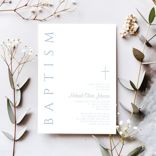 Elegant Modern Blue Script Cross Boy Baptism Invitation