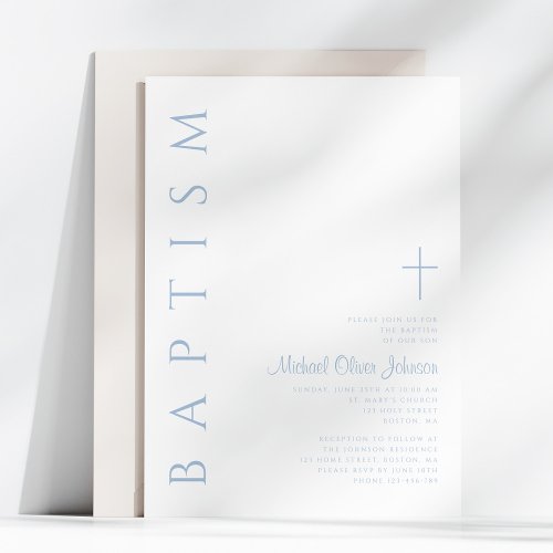 Elegant Modern Blue Script Cross Boy Baptism Invitation