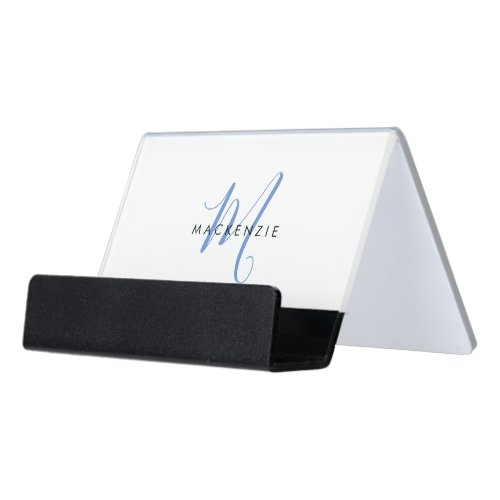 Elegant Modern Blue Script Monogram Desk Business Card Holder