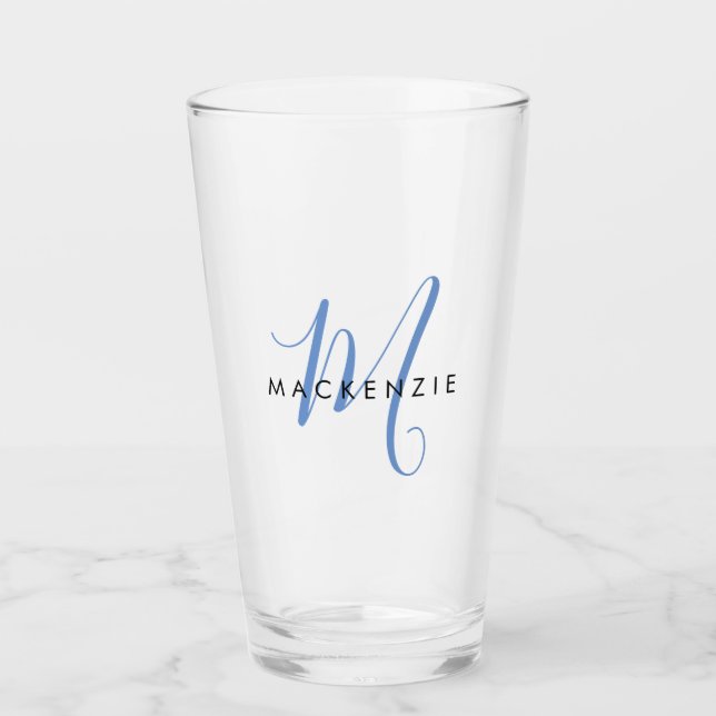 Elegant Modern Blue Script Monogram Glass (Front)