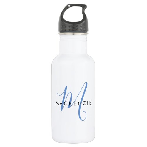 Elegant Modern Blue Script Monogram Stainless Steel Water Bottle