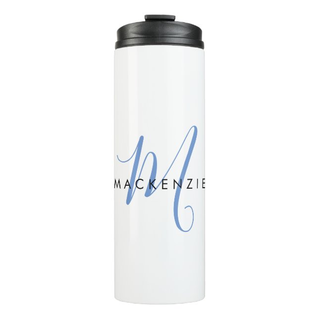 Elegant Modern Blue Script Monogram Thermal Tumbler (Front)