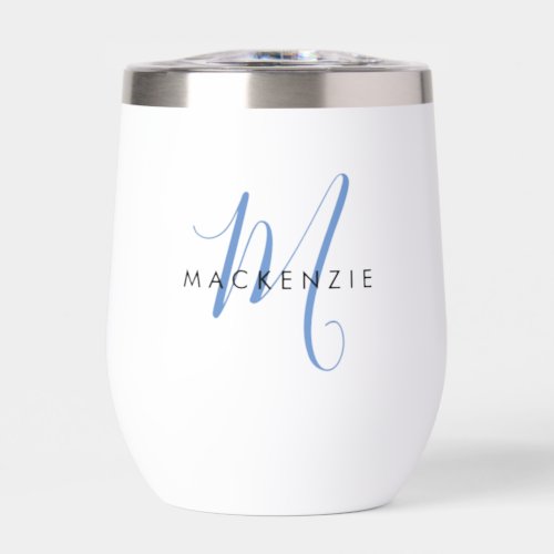 Elegant Modern Blue Script Monogram Thermal Wine Tumbler