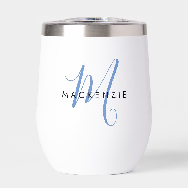 Elegant Modern Blue Script Monogram Thermal Wine Tumbler (Front)
