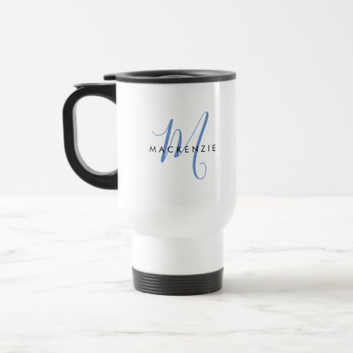 Elegant Modern Blue Script Monogram Travel Mug