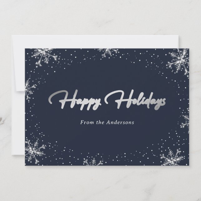 Elegant Modern Blue Silver Snowflake Holiday Cards (Front)