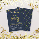 Elegant Modern Blue String of Lights 60th Birthday Invitation<br><div class="desc">Elegant 60th Birthday Party invitation featuring strings of lights and the word "Sixty" in faux gold against a dark blue background. Card includes a matching pattern back side. Check out other matching items here https://www.zazzle.com/collections/strings_of_lights_faux_gold_celebration_collection-119311942951401241?rf=238364477188679314 Personalize it by replacing the placeholder text to add your information. For more options click the...</div>