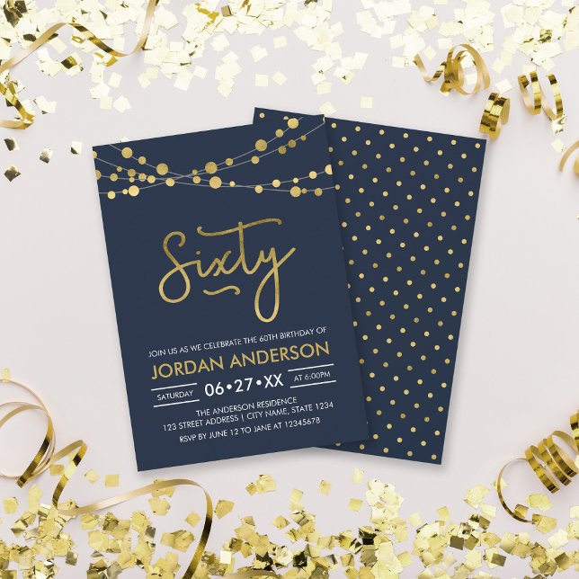 Elegant Modern Blue String of Lights 60th Birthday Invitation (Creator Uploaded)