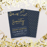 Elegant Modern Blue String of Lights 70th Birthday Invitation<br><div class="desc">Elegant 70th Birthday Party invitation featuring strings of lights and the word "Seventy" in faux gold against a dark blue background. Card includes a matching pattern back side. Check out other matching items here https://www.zazzle.com/collections/strings_of_lights_faux_gold_celebration_collection-119311942951401241?rf=238364477188679314 Personalize it by replacing the placeholder text to add your information. For more options click the...</div>