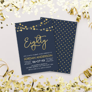 Elegant Modern Blue String of Lights 80th Birthday Invitation