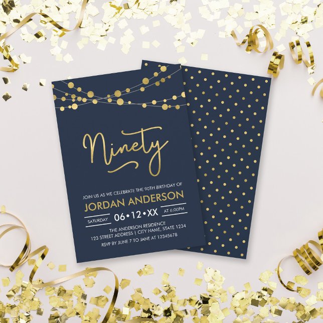 Elegant Modern Blue String of Lights 90th Birthday Invitation (Creator Uploaded)