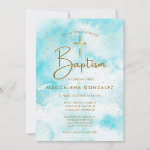 Elegant Modern Blue Watercolor Gold Cross Baptism Invitation