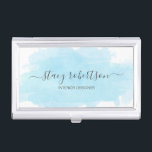 Elegant modern blue watercolor interior designer business card case<br><div class="desc">Modern design featuring a blue watercolor texture and elegant calligraphy font.</div>