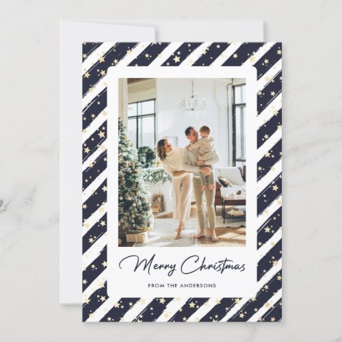 Elegant Modern Blue White Photo Merry Christmas Holiday Card
