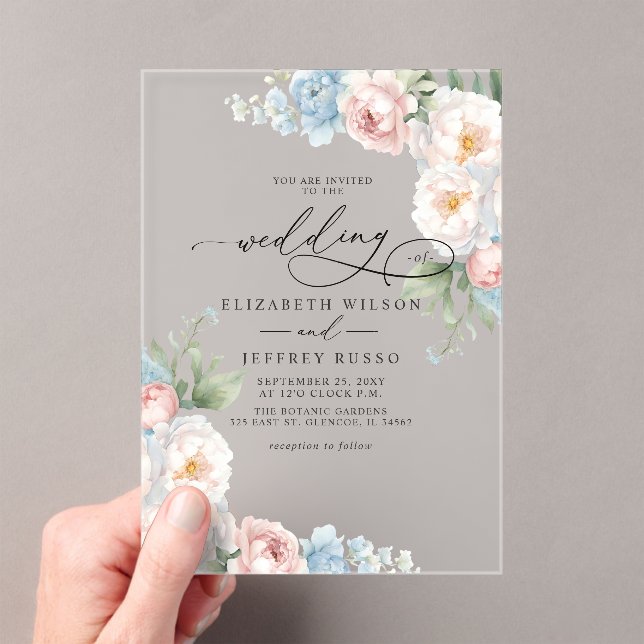 Elegant Modern Blush Botanical Floral Wedding Acrylic Invitations (Insitu (Handheld))