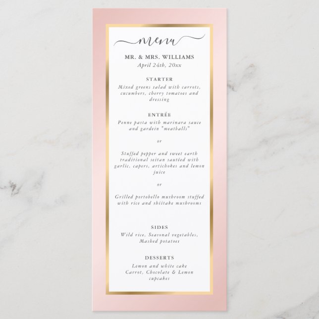 Elegant Modern Blush Pink and Gold Wedding Menu (Front)