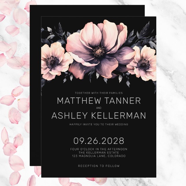 Elegant Modern Blush Pink Black Floral Wedding Invitation (Elegant Modern Blush Pink Black Floral Wedding Invitation)