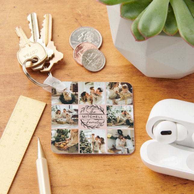 Elegant Modern Blush Pink Family Photo Collage Keychain (Desk)