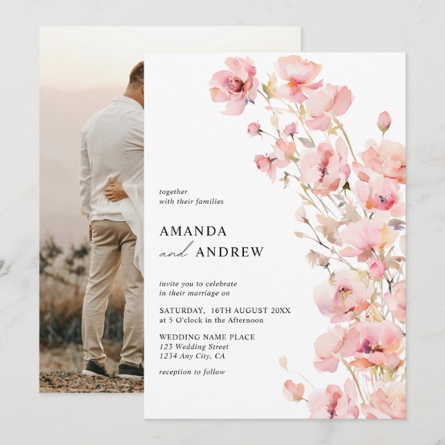  Elegant Modern Blush Pink Floral Photo Wedding Invitation (Front/Back)