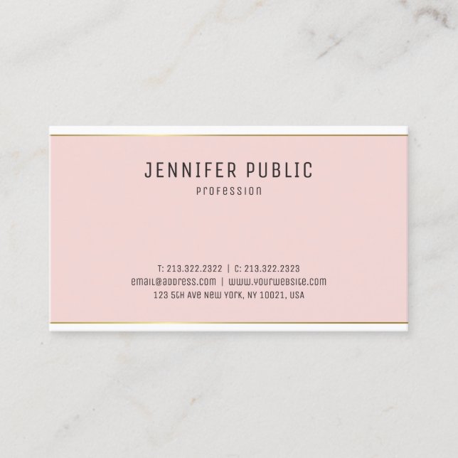 Elegant Modern Blush Pink Gold Design Plain Trendy Business Card (Front)