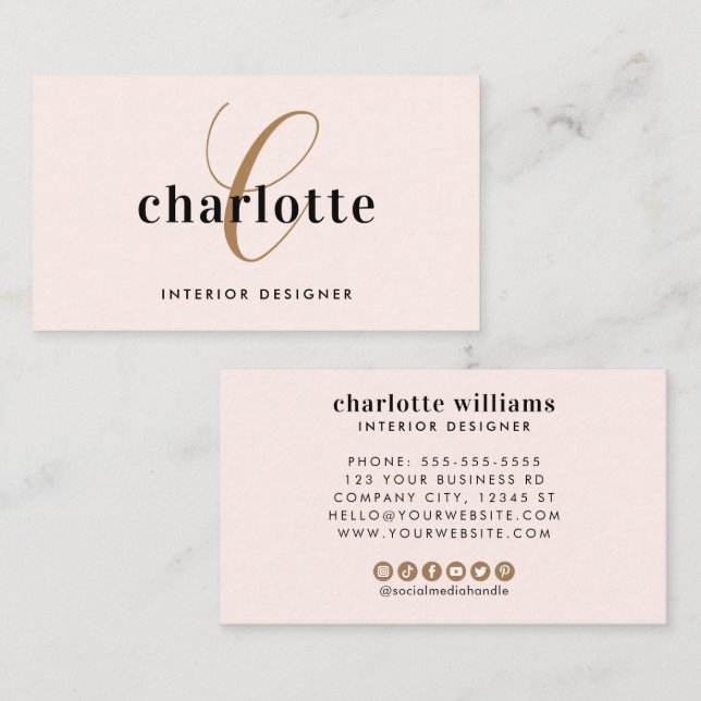 Elegant Modern Blush Pink Gold Monogram  Business Card (Front/Back)