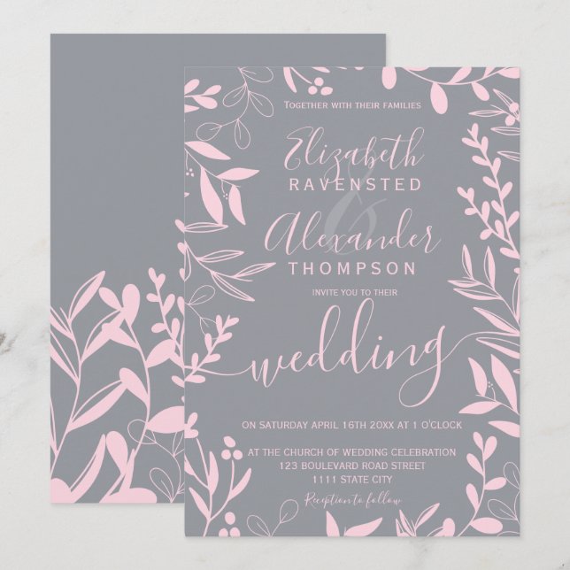 Elegant modern blush pink gray floral wedding invitation (Front/Back)