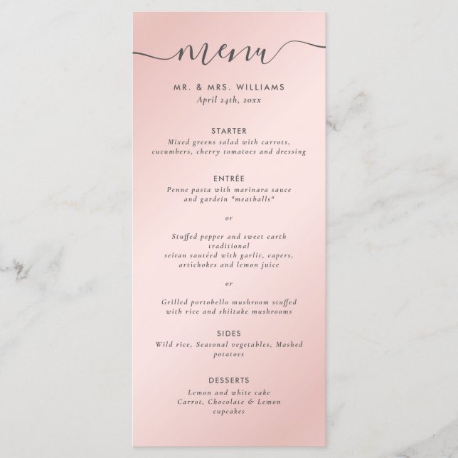 Elegant Modern Blush Pink Gray Wedding Menu (Front)