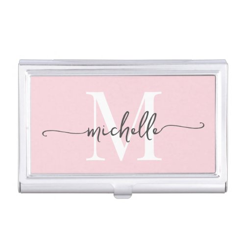 Elegant Modern Blush Pink Monogram Name Script Business Card Case