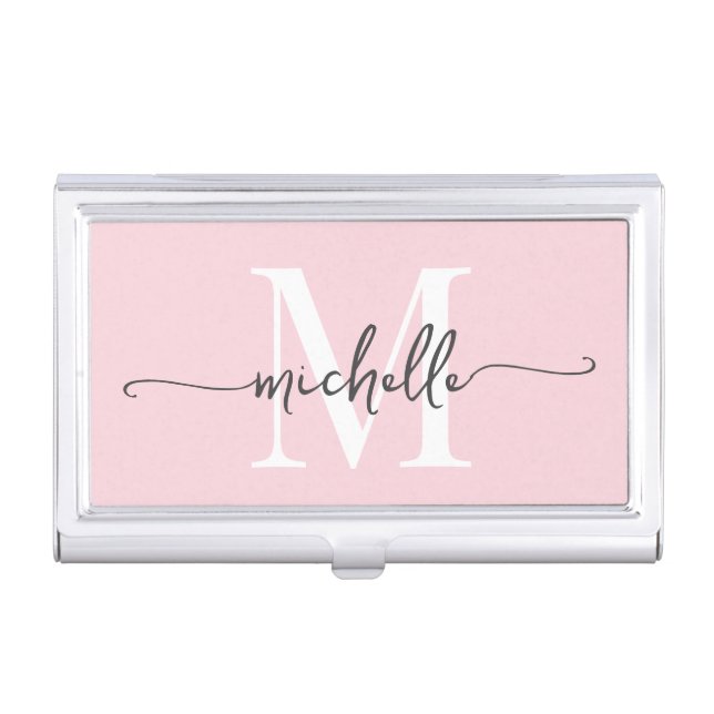 Elegant Modern Blush Pink Monogram Name Script Business Card Case (Front)