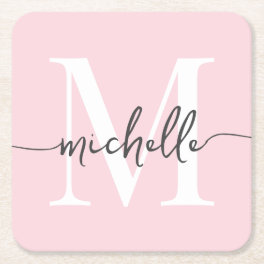 Elegant Modern Blush Pink Monogram Name Script Square Paper Coaster