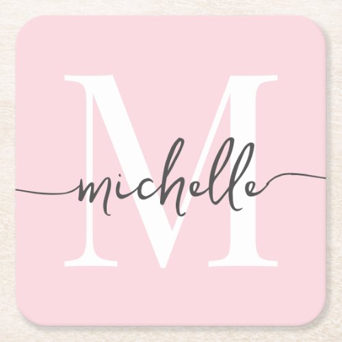 Elegant Modern Blush Pink Monogram Name Script Square Paper Coaster