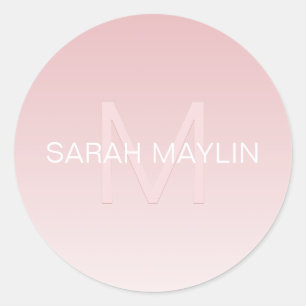 Elegant Modern Blush Pink Ombre Name & Monogram Classic Round Sticker
