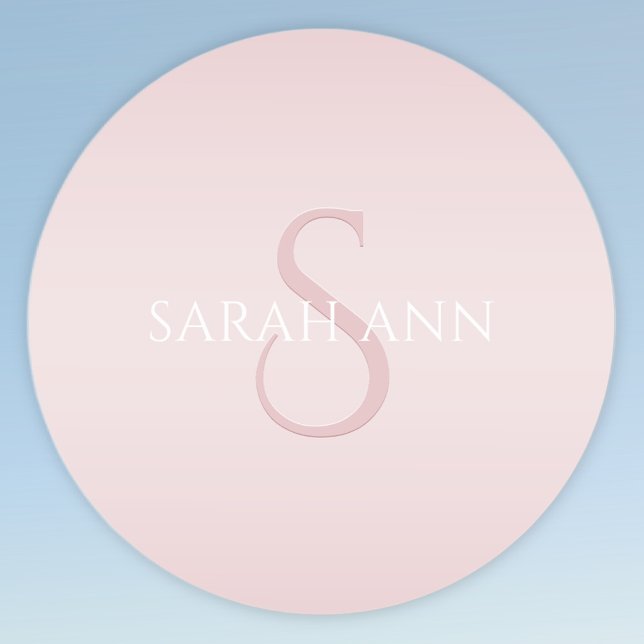 Elegant Modern Blush Pink Ombre Name & Monogram Classic Round Sticker (Creator Uploaded)