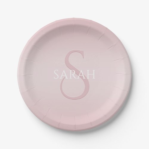 Elegant Modern Blush Pink Ombre Name  Monogram Paper Plates