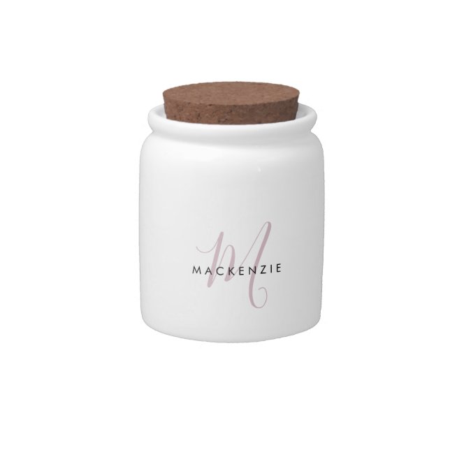 Elegant Modern Blush Pink Script Monogram Candy Jar (Front)
