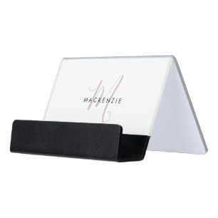 Elegant Modern Blush Pink Script Monogram Desk Business Card Holder