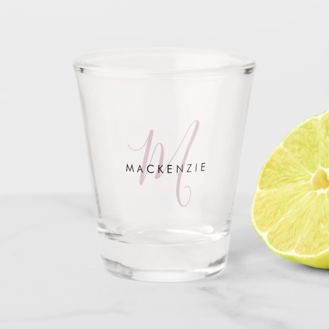 Elegant Modern Blush Pink Script Monogram Shot Glass (Front)