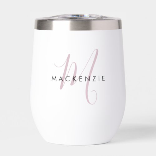 Elegant Modern Blush Pink Script Monogram Thermal Wine Tumbler