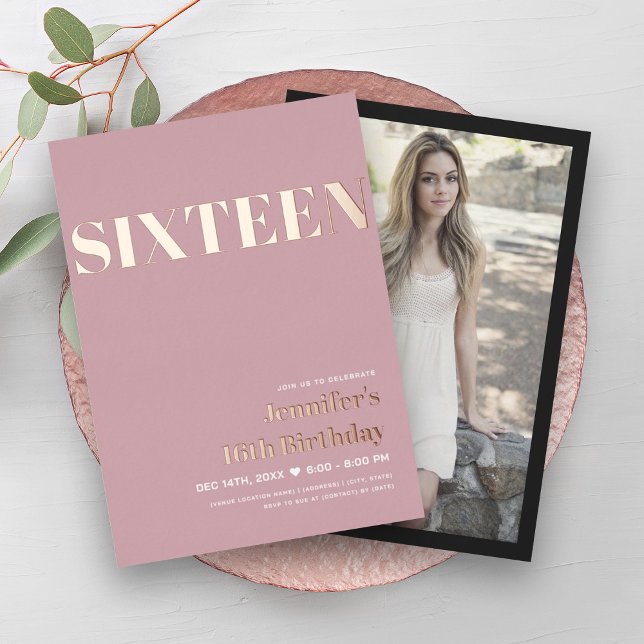 ELEGANT Modern Blush Pink Sweet 16 Typography  Foil Invitation (ELEGANT Modern Blush Pink Sweet 16 Typography Foil )