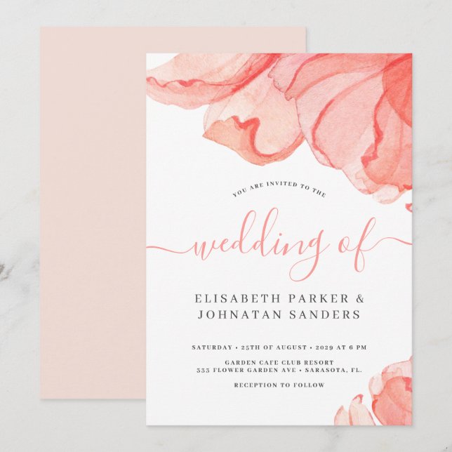 Elegant modern blush pink watercolor wedding invitation (Front/Back)