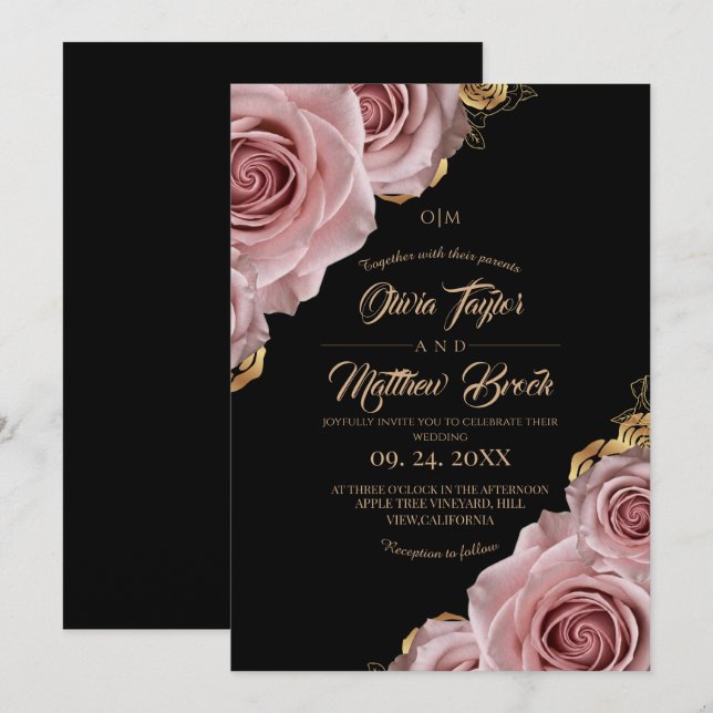Elegant Modern Blush Rose Flower Wedding Invitation (Front/Back)