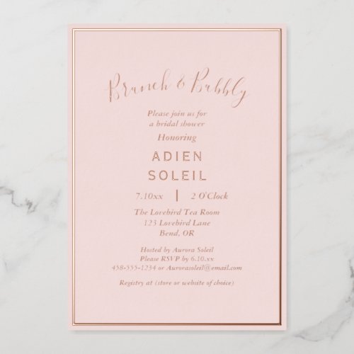 Elegant Modern Blush Rose Gold Brunch and Bubbly Foil Invitation