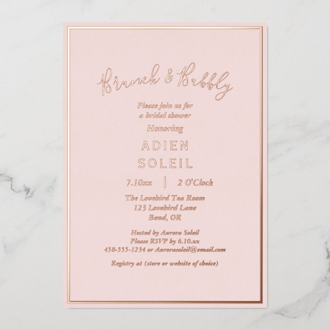 Elegant Modern Blush Rose Gold Brunch and Bubbly Foil Invitation (Front)