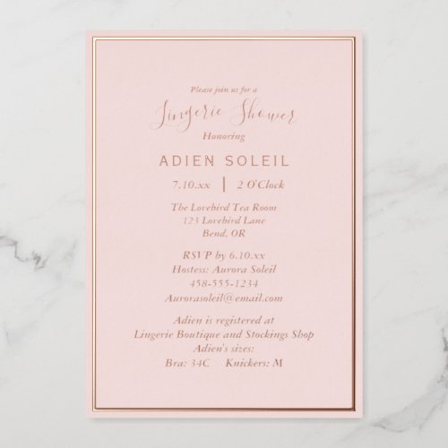 Elegant Modern Blush Rose Gold Lingerie Shower Foil Invitation