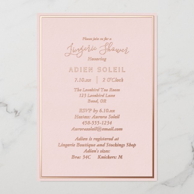 Elegant Modern Blush Rose Gold Lingerie Shower Foil Invitation (Front)