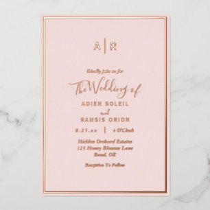 Elegant Modern Blush Rose Gold Monogram Wedding Foil Invitation