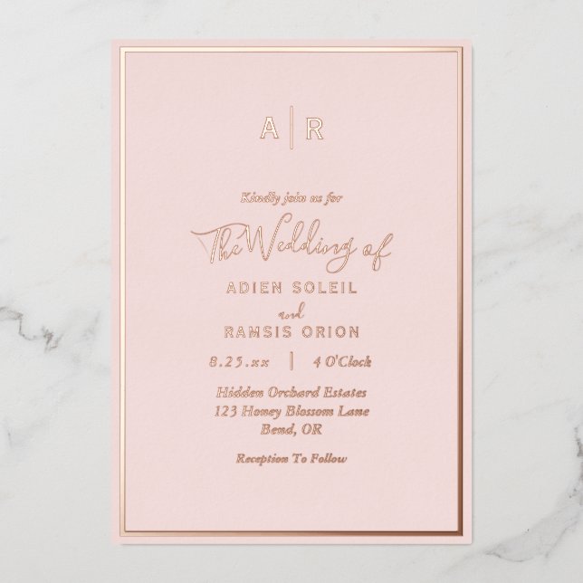 Elegant Modern Blush Rose Gold Monogram Wedding Foil Invitation (Front)