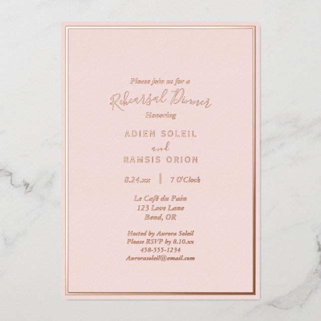 Elegant Modern Blush Rose Gold Rehearsal Dinner Foil Invitation (Front)