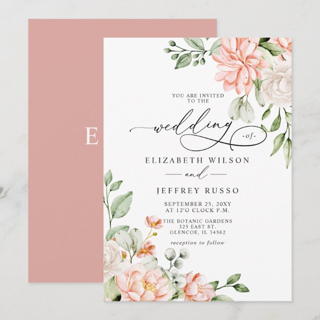 Elegant Modern Blush White Floral Wedding Invitation (Front/Back)